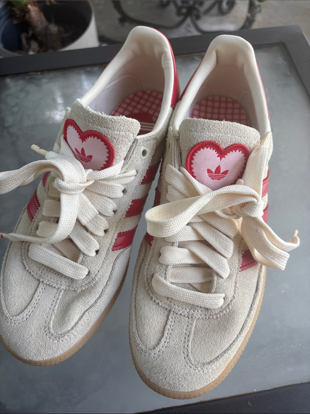 adidas Women’s Cream Suede Sneakers with Pink Accents